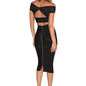 ROCHE' Black Bandage And Mesh Off Shoulder 2 Piece